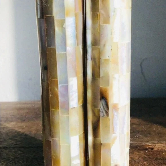 Vintage mother of pearl salt & pepper shaker set,intricate crafted mosaic jewels
